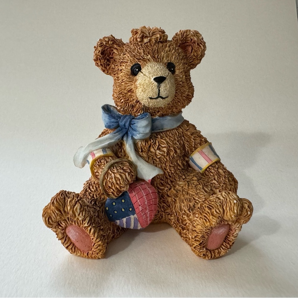Textured Teddy Figurine Bow Stripes Decor